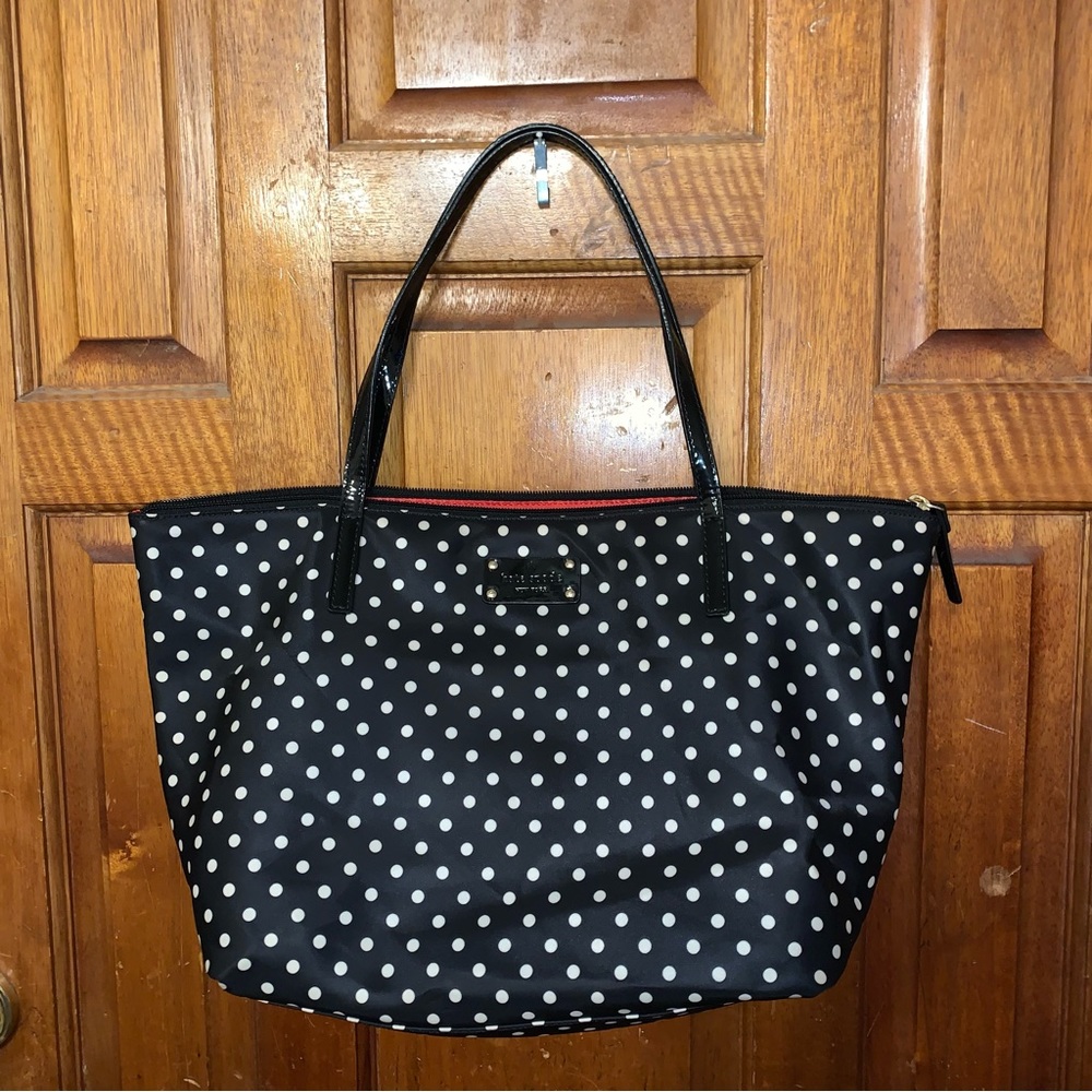 NWT Kate Spade Sophie Nylon Zip Tote- Black w/ White Polka Dots